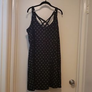Black soft cotton tank dress w white diamond dot print. Crisscross back